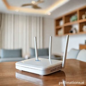 Router Wi-Fi modern dengan beberapa antena, diletakkan di tempat yang tinggi dan terbuka di ruang tamu.