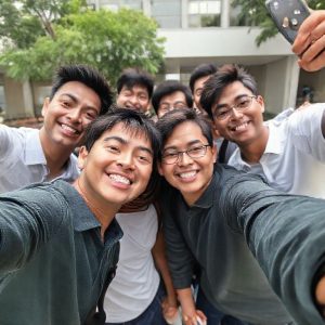 Sekelompok teman tertawa bersama sambil mengambil group selfie menggunakan Galaxy S26 Ultra. Sudut pandang wide-angle menangkap semua orang dengan jelas dan detail.