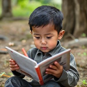 Seorang anak muda sedang bersemangat menulis pantun di sebuah buku catatan, dengan latar belakang logo Nusaware dan gambar Honor Pad X7. Ekspresi wajahnya ceria dan penuh ide.