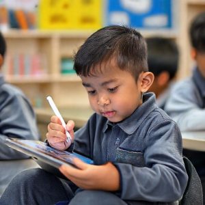 Seorang anak sekolah sedang menggunakan Galaxy Tab S11 Series dengan S Pen untuk menggambar dan belajar.