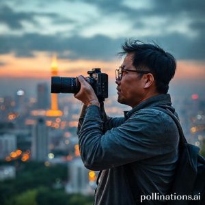 Seorang fotografer profesional sedang menggunakan Vivo X300 Pro untuk mengambil gambar pemandangan kota di malam hari. Tampilkan fitur Pro Photography Kit dan lensa ZEISS yang menonjol.