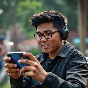 Seorang gamer pria sedang bermain game di smartphone Poco dengan ekspresi gembira, dengan efek cahaya yang dramatis.