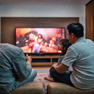 Seorang keluarga yang sedang menikmati menonton film bersama di ruang keluarga dengan Sharp LED TV 50 Inch sebagai pusat hiburan.