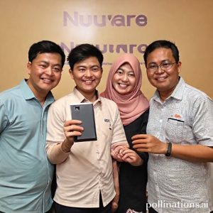 Seorang pemenang giveaway Nusaware sedang memegang Honor Pad X7 dengan wajah bahagia, dikelilingi oleh teman-teman yang memberikan selamat. Latar belakang menunjukkan logo Nusaware dan suasana perayaan.