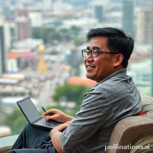 Seorang pria muda sedang tersenyum sambil memegang modem Indosat HiFi Air di tangannya, dengan latar belakang pemandangan kota yang ramai.