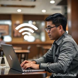 Seorang pria sedang menggunakan laptop di sebuah kafe, dengan ikon WiFi yang dikelilingi oleh tanda peringatan berwarna merah.