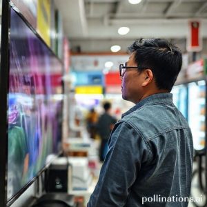 Seorang pria sedang memilih LED TV 50 inch di sebuah toko elektronik yang ramai.