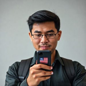 Seorang pria yang sedang menerima kode verifikasi di ponselnya dengan latar belakang bendera Amerika Serikat.