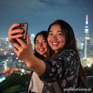 Seorang wanita muda tersenyum cerah sambil memegang Galaxy S26 Ultra, mengambil selfie dengan latar belakang pemandangan kota yang indah di malam hari. Pencahayaan alami dan detail yang tajam pada foto selfie menonjolkan kualitas kamera.