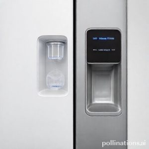 Tampilan detail kulkas side by side Polytron dengan fitur dispenser air dan es batu, menyoroti teknologi canggihnya.