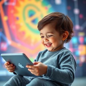 A child happily using a tablet in a safe, colorful digital environment, with abstract elements of AI technology subtly in the background, suggesting protection and responsible innovation.