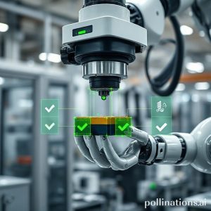 An illustration of a Xiaomi humanoid robot (like CyberOne) working seamlessly in a modern, clean factory setting, surrounded by automated machinery and conveyor belts. The robot is performing a precise assembly task with glowing blue lines indicating data flow and AI processing.