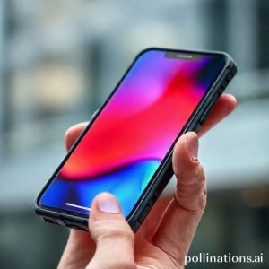 A close-up shot of a smartphone, showing its display with vibrant colors, held in a hand. The phone has a slightly rugged look, suggesting durability. The background is blurred, perhaps showing a modern urban environment.