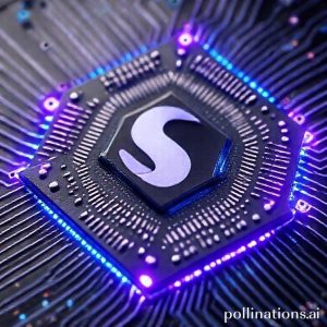 A close-up shot of the Snapdragon 8 Elite Gen 5 chip, highlighting its intricate design and powerful cores. The chip is glowing with energetic blue and purple lights, suggesting supercomputing capabilities.