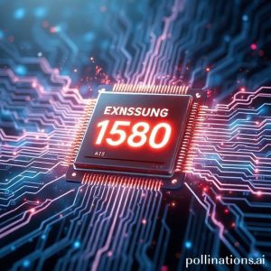 A conceptual image of the Exynos 1580 chipset glowing with energy, surrounded by abstract representations of data streams and AI processing. The background hints at advanced technology and speed.