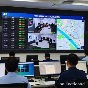 Drone view of Bandung city traffic at night, with bright lines of car lights on the roads and prominent CCTV cameras mounted on poles at intersections, glowing with a subtle AI indicator light. The city lights twinkle in the background, symbolizing a smart city.