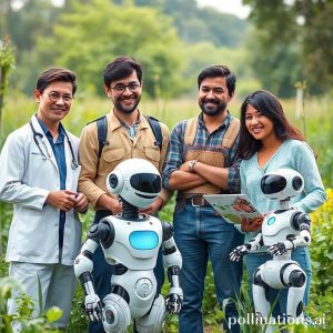 A diverse group of people from different professions (doctor, engineer, farmer, artist) interacting positively with various types of BrainBody LLM robots in their respective environments. The scene is optimistic and shows seamless human-robot collaboration in a near-future setting.