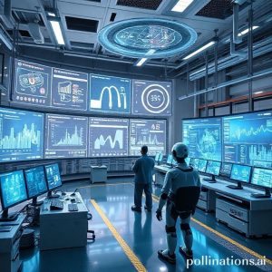 A close-up shot of an advanced AI vision inspection system in a factory. A robotic arm holds a product under a high-resolution camera setup, with digital overlays showing green checks for quality control and detection of tiny defects. The background shows other automated factory elements.