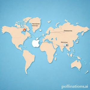 A global map with specific regions highlighted: Taiwan (TSMC's base) and the United States (Intel's new fab locations). Lines connect Apple's headquarters to both regions, showing diversification of the supply chain. Icons representing Mac, iPhone, and other Apple products are subtly placed around the map.