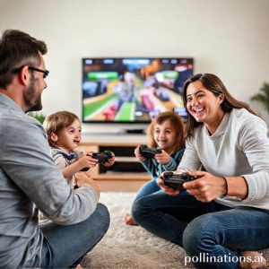 A happy family (parents and two children) playing a video game together in a living room, using modern game controllers, with the game displayed on a large smart TV. The setting is bright and cheerful.