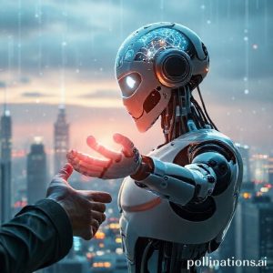 A humanoid robot with glowing brain-like circuitry visible, extending its hand towards a person. The background shows a futuristic city skyline with data flowing around. The overall feel is one of intelligent connection and future technology.