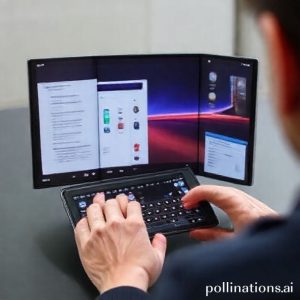 A person using the Samsung Galaxy Z TriFold in DeX Standalone mode, with the large unfolded screen displaying a desktop-like interface, complete with a virtual keyboard. The user is actively interacting with multiple applications, demonstrating advanced multitasking capabilities.