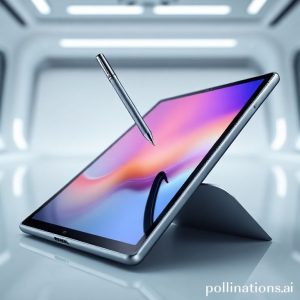 A sleek, modern Samsung Galaxy Tab S11 Ultra 5G tablet shown from an angle, highlighting its thin bezel and large, vibrant display. An S Pen is floating slightly above the screen, ready to be used. The background is a futuristic, clean workspace.