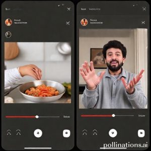 A split screen showing two different types of long-form Instagram Reels content: on one side, a step-by-step cooking tutorial; on the other side, a creator telling a captivating story with expressive hand gestures. Both screens show a timeline indicating extended duration.