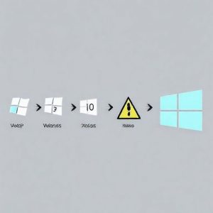 A timeline showing the evolution of Windows logos from Windows XP, Windows 7, Windows 10, to Windows 11. Arrows indicate transitions, with the arrow from Windows 10 to Windows 11 appearing thinner and more hesitant, symbolizing slow adoption. The year 2025 is highlighted with a warning sign next to the Windows 10 logo.