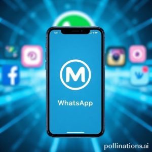 A vibrant, futuristic image showing the Meta AI logo prominently displayed on a smartphone screen within the WhatsApp interface, with blurred background elements suggesting integration with other Meta apps like Facebook and Instagram. A powerful, clean aesthetic with blue and white colors dominating.
