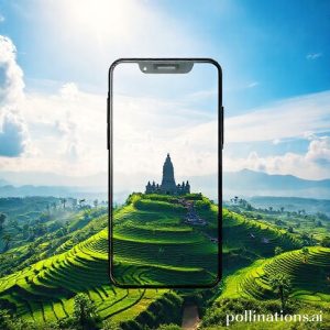 An illustration of a modern smartphone with sleek design, showcasing a powerful processor chip and a camera module with multiple lenses. The background features a subtle circuit board pattern and a glowing 