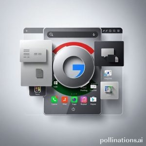 An abstract, modern depiction of an operating system interface with elements resembling both Android and desktop productivity tools. The background shows a subtle Google logo. Colors are sleek, metallic, and futuristic, evoking