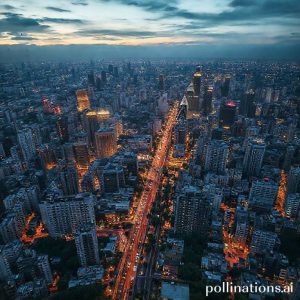 An aerial shot of a densely populated Jakarta cityscape at dusk, with numerous high-rise buildings, glowing city lights, and busy roads with traffic, depicting a vibrant but crowded megacity.