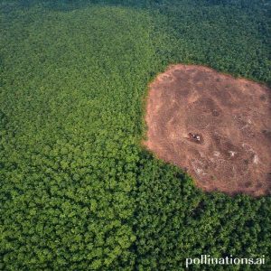 An aerial view of a vast, healthy Indonesian tropical rainforest contrasting sharply with a clear-cut deforested area, showing the stark difference. The deforested part shows traces of recent logging, with heavy machinery in the distance.