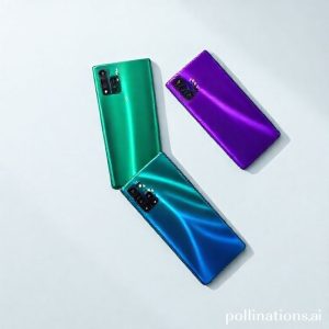An aesthetically pleasing flat lay of three Realme C85 smartphones in Parrot Purple, Peacock Green, and Kingfisher Blue, highlighting their sleek design and vibrant colors on a minimalist background.