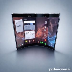 An artistic, futuristic rendering of the Samsung Galaxy Z TriFold phone, fully unfolded to reveal a very wide display, with a subtle hinge visible. The screen shows a complex multi-tasking layout with several apps open simultaneously. The phone has a sleek, premium metallic finish.