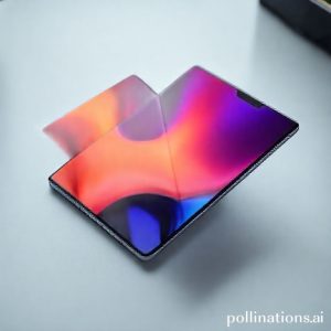 An elegant shot of the Huawei Mate X7 unfolded, showing its thin profile and large OLED LTPO screen displaying vibrant colors. The device is placed on a minimalistic desk with a faint tech background.
