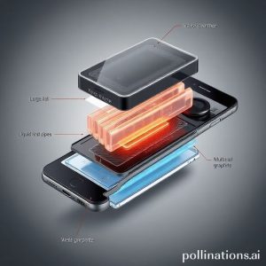 An exploded view diagram of a smartphone showing internal cooling components, highlighting a large vapor chamber, liquid heat pipes, and multiple layers of graphite. The image should convey advanced technology and efficient heat dissipation.