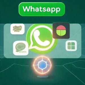 An illustration depicting WhatsApp's green chat bubbles forming a barrier, with stylized icons of ChatGPT and Microsoft Copilot fading away behind it, while a glowing Meta AI icon emerges prominently in front. The background shows subtle digital network lines.