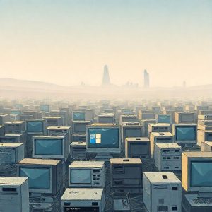 An illustration depicting a large number of old desktop computers and laptops, some looking slightly dusty but still functional, with a Windows 10 logo prominently displayed. In the background, a sleek, futuristic Windows 11 interface is dimly visible, almost like a distant, unreached city. The overall mood is one of quiet steadfastness.
