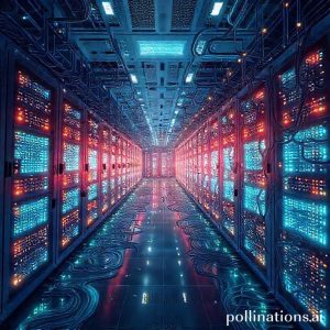 An illustration depicting a vast, modern data center with glowing servers and intricate network cables, symbolizing AI infrastructure. The scene should be futuristic and highly technological.