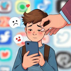 An illustration depicting a young teenager (under 16) looking at a phone with various negative icons (sad face, broken heart, cyberbullying speech bubbles) floating around them, while an adult hand (representing government/parents) gently pulls the phone away, creating a protective barrier. The background shows blurred social media app logos.
