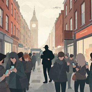 An illustration depicting a London street scene with people holding smartphones, and a subtle silhouette of a pickpocket in the background, symbolizing the shift in phone theft patterns. The mood should be slightly cautious but informative.