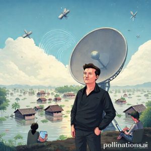 An illustration depicting Elon Musk standing next to a Starlink dish, with a flooded village in Sumatera in the background. The dish emits Wi-Fi signals connecting to people using phones and laptops, representing hope and connectivity. The sky shows Starlink satellites orbiting.