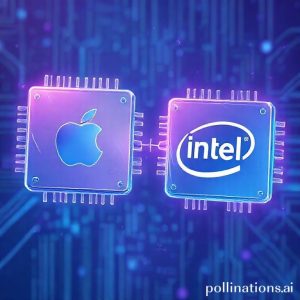An illustration depicting two abstract silicon chips, one with an Apple logo and the other with an Intel logo, connected by a faint but visible line, symbolizing a potential future collaboration. The background is a futuristic, tech-inspired blue and purple hue, suggesting innovation and high-tech manufacturing.