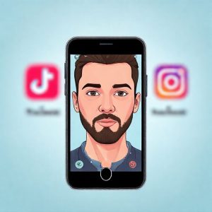 An illustration of a person's face being digitally manipulated on a smartphone screen, with blurred background showing TikTok and Instagram logos. The style should be modern, clean, and slightly technical, emphasizing the 