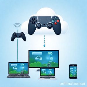 An illustration showing cloud gaming technology. A game controller icon is sending signals to a cloud icon, which then streams video back to various devices like a smart TV, laptop, and smartphone. The devices are shown with different game interfaces.
