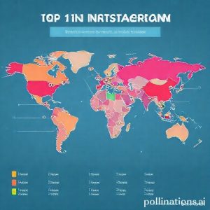 An infographic showing a world map with the top 10 countries highlighted, showing their Instagram user count. The map should be digital-themed with network lines connecting cities. India, USA, Brazil, and Indonesia are prominently labeled.