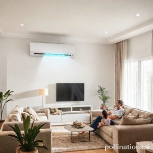 An inviting living room with a modern AC Split 1 PK unit cooling the space. A family is relaxing comfortably, enjoying the cool air. The room is bright and well-lit, showing comfort and serenity.