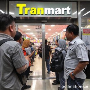 Antrean panjang orang-orang yang bersemangat di depan pintu masuk Transmart, siap untuk berburu diskon di Full Day Sale.